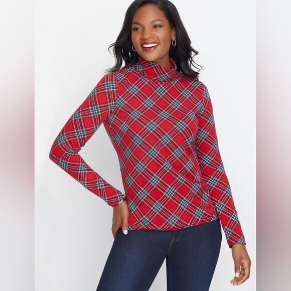 Talbot's Tartan Plaid Long Sleeve Cotton Turtleneck Blouse Top NWT Size Large - Picture 1 of 12